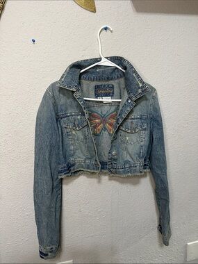 Younique Light Blue Denim Jacket with Multicolor Embroidered Butterfly